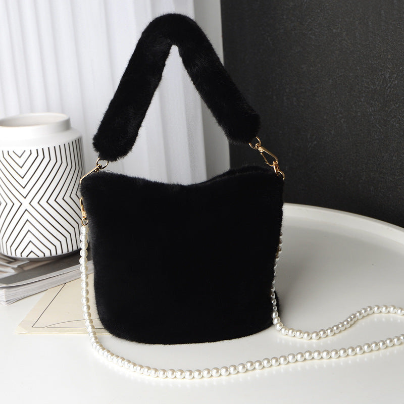 LoomTech™ Checkerboard Plush Bucket Bag – Winter Luxury Handbag with Pearl Chain Design