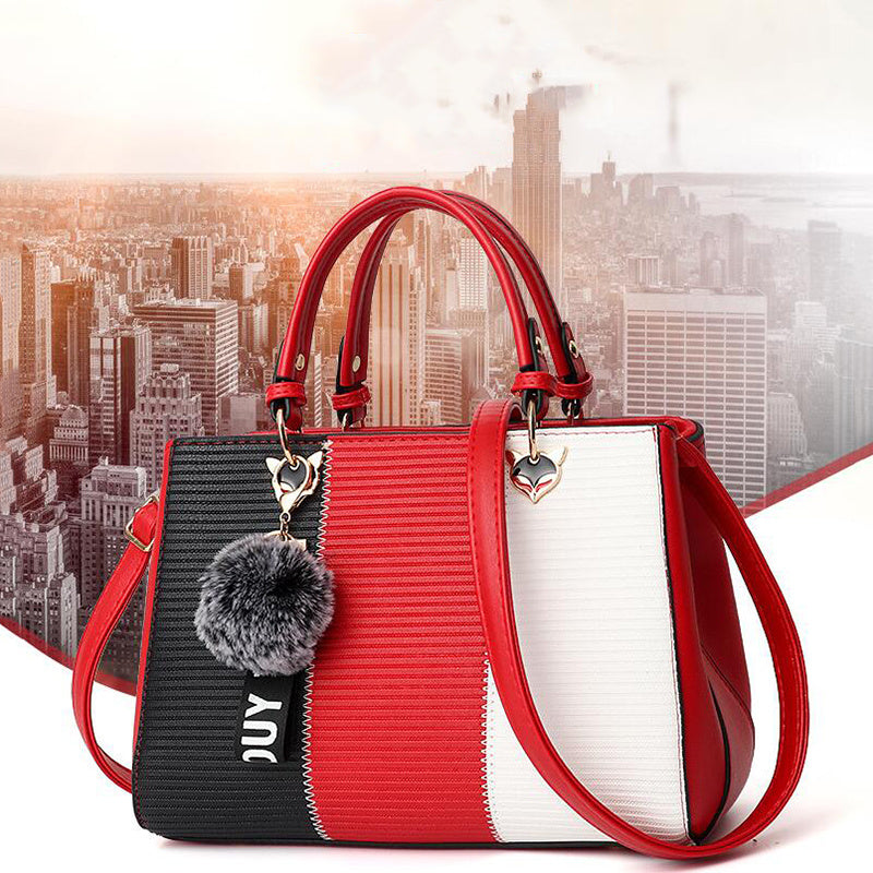LoomTech™ Women’s Patchwork Handbag with Hairball Ornament – Elegant Tote & Crossbody Purse