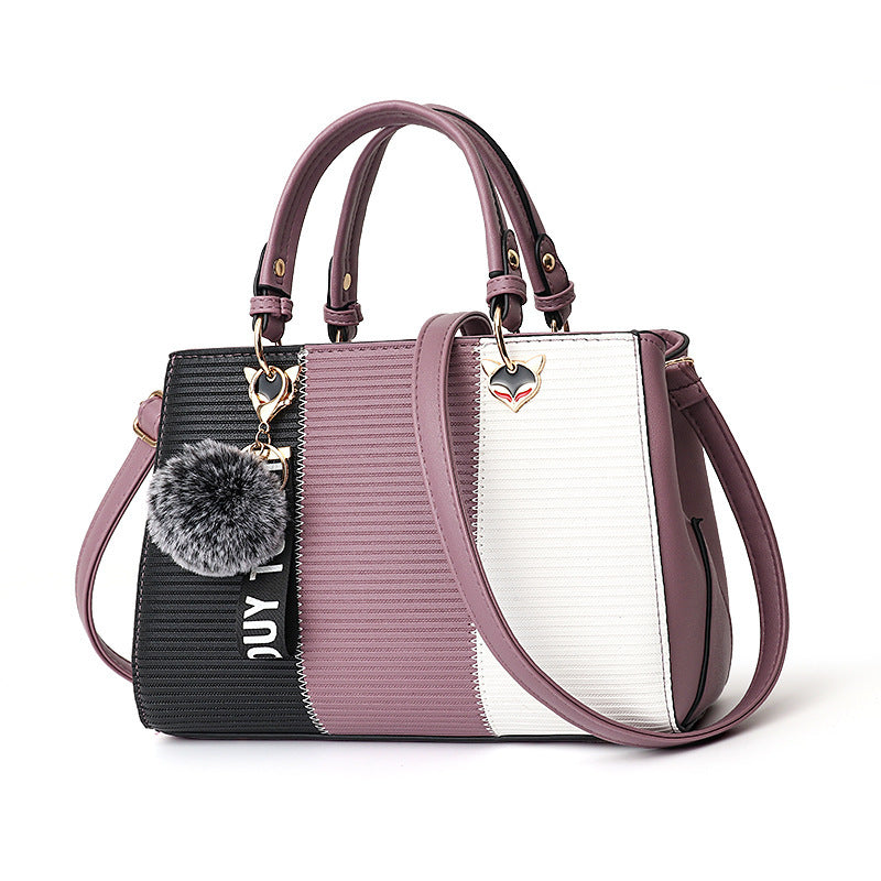 LoomTech™ Women’s Patchwork Handbag with Hairball Ornament – Elegant Tote & Crossbody Purse