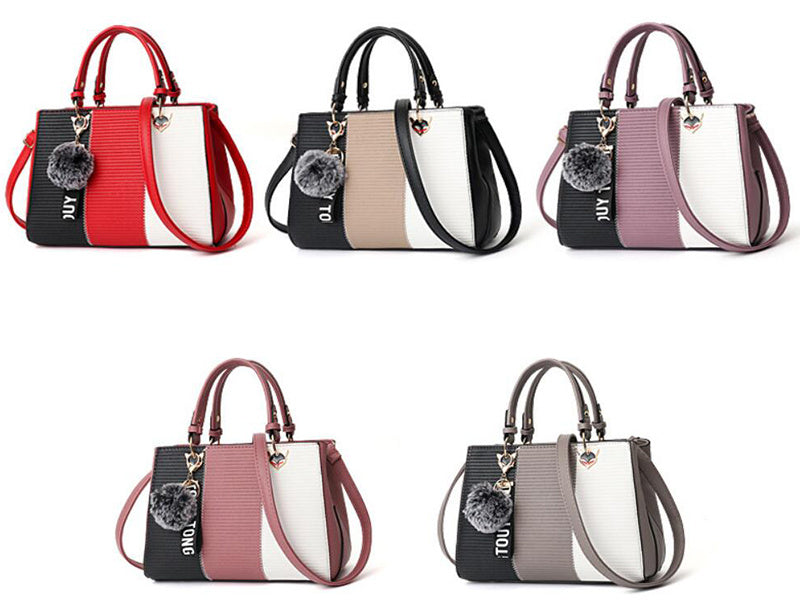 LoomTech™ Women’s Patchwork Handbag with Hairball Ornament – Elegant Tote & Crossbody Purse