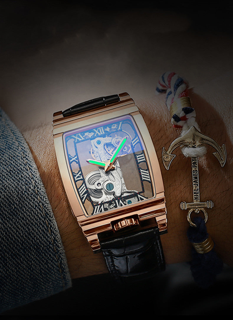 Daystar Classic Square™ — Unisex Mechanical Watch with Stainless Steel Case & Genuine Leather Strap (3ATM Waterproof)