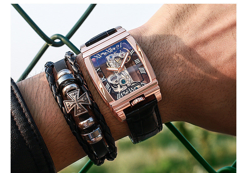 Daystar Classic Square™ — Unisex Mechanical Watch with Stainless Steel Case & Genuine Leather Strap (3ATM Waterproof)