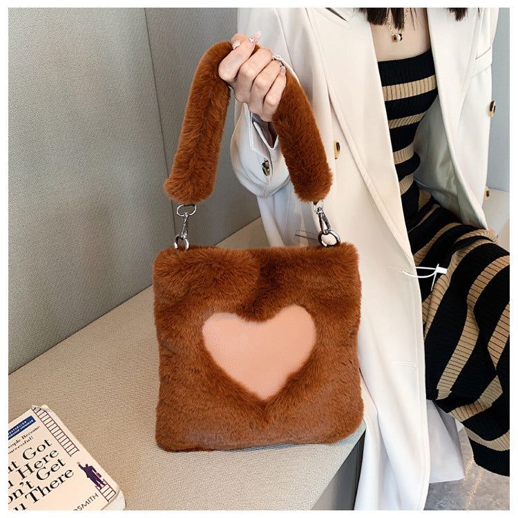 LoomTech™ Love Winter Plush Tote Bag – Large Soft Shoulder Handbag for Women