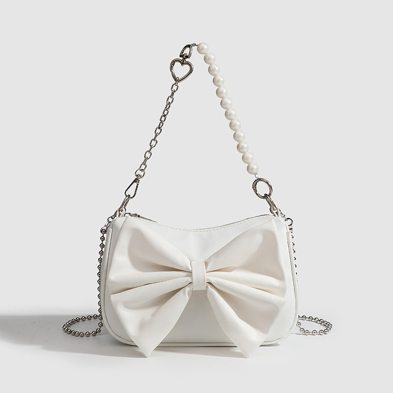 LoomTech™ Black & White Bow Handbag – Elegant PU Shoulder & Crossbody Purse with Pearl Chain
