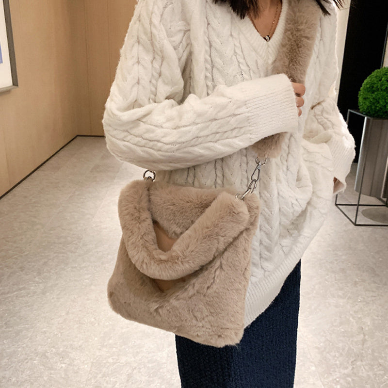 LoomTech™ Love Winter Plush Tote Bag – Large Soft Shoulder Handbag for Women