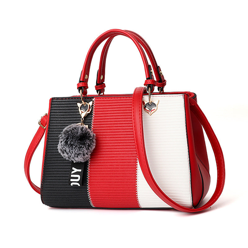 LoomTech™ Women’s Patchwork Handbag with Hairball Ornament – Elegant Tote & Crossbody Purse