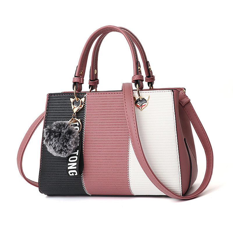 LoomTech™ Women’s Patchwork Handbag with Hairball Ornament – Elegant Tote & Crossbody Purse