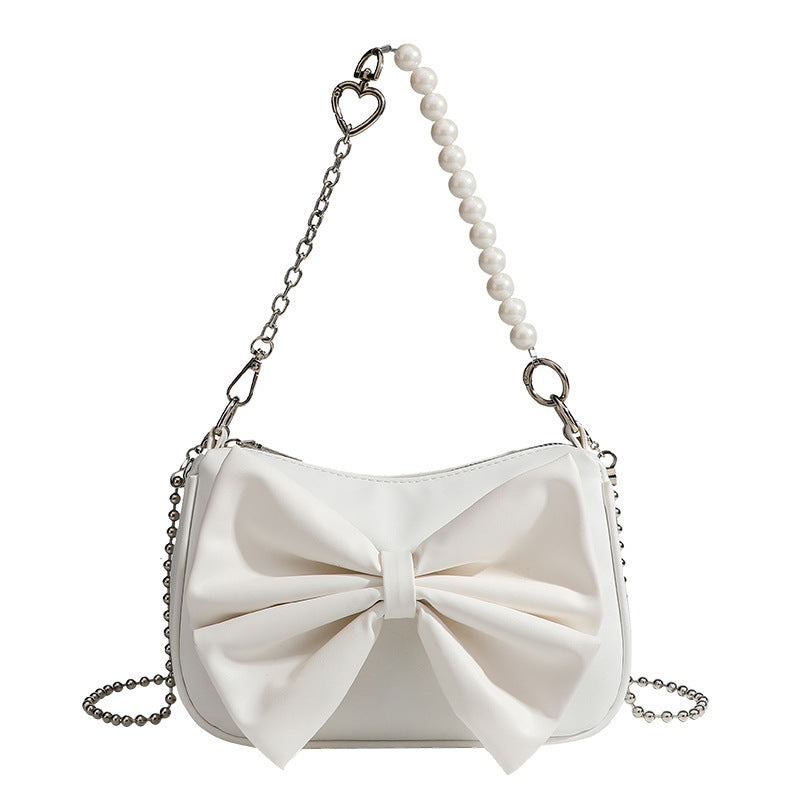 LoomTech™ Black & White Bow Handbag – Elegant PU Shoulder & Crossbody Purse with Pearl Chain