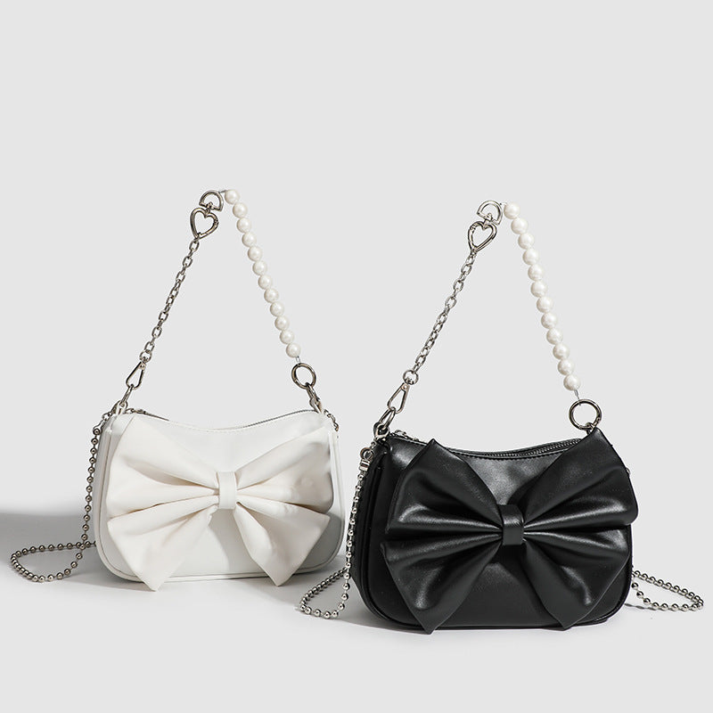 LoomTech™ Black & White Bow Handbag – Elegant PU Shoulder & Crossbody Purse with Pearl Chain
