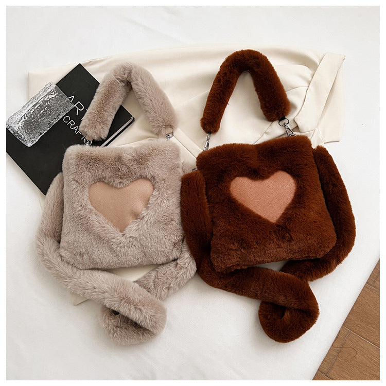 LoomTech™ Love Winter Plush Tote Bag – Large Soft Shoulder Handbag for Women