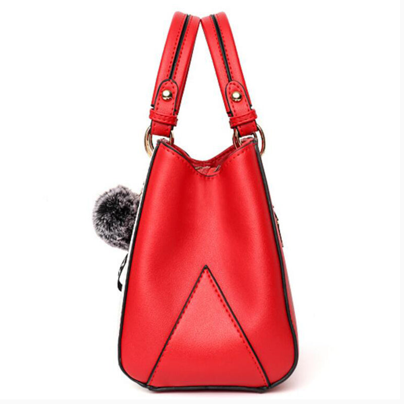 LoomTech™ Women’s Patchwork Handbag with Hairball Ornament – Elegant Tote & Crossbody Purse