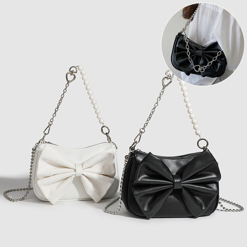 LoomTech™ Black & White Bow Handbag – Elegant PU Shoulder & Crossbody Purse with Pearl Chain