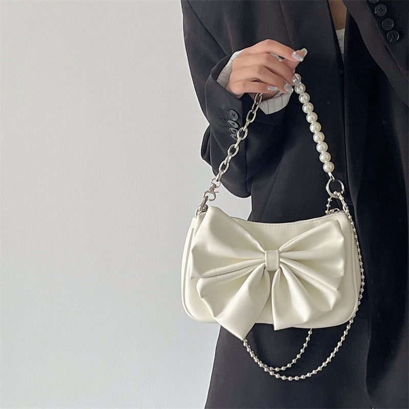 LoomTech™ Black & White Bow Handbag – Elegant PU Shoulder & Crossbody Purse with Pearl Chain