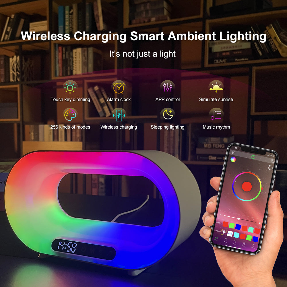 LoomTech™ Smart 3-in-1 LED Night Light – APP-Controlled RGB Desk Lamp with Wireless Charger & Alarm Clock