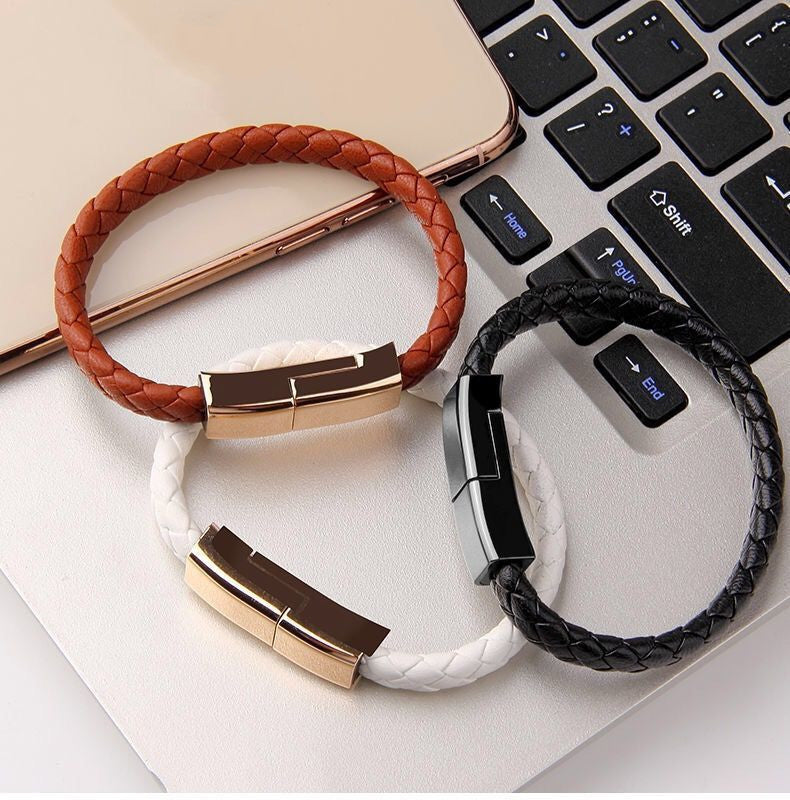 LoomTech™ Leather Bracelet Charger – USB Data Cable for iPhone, Type-C & Android Devices