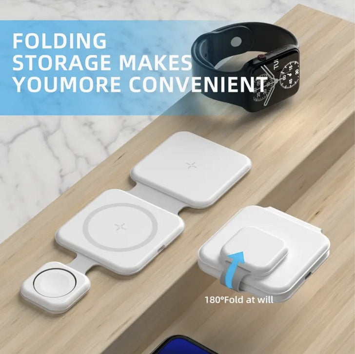 LoomTech™ 3-in-1 Magnetic Foldable Wireless Charging Station – 15W Fast Charger for iPhone, AirPods & Smartwatch (FD-308)