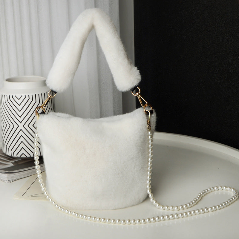 LoomTech™ Checkerboard Plush Bucket Bag – Winter Luxury Handbag with Pearl Chain Design