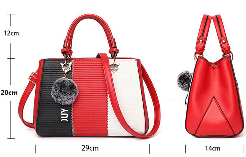 LoomTech™ Women’s Patchwork Handbag with Hairball Ornament – Elegant Tote & Crossbody Purse
