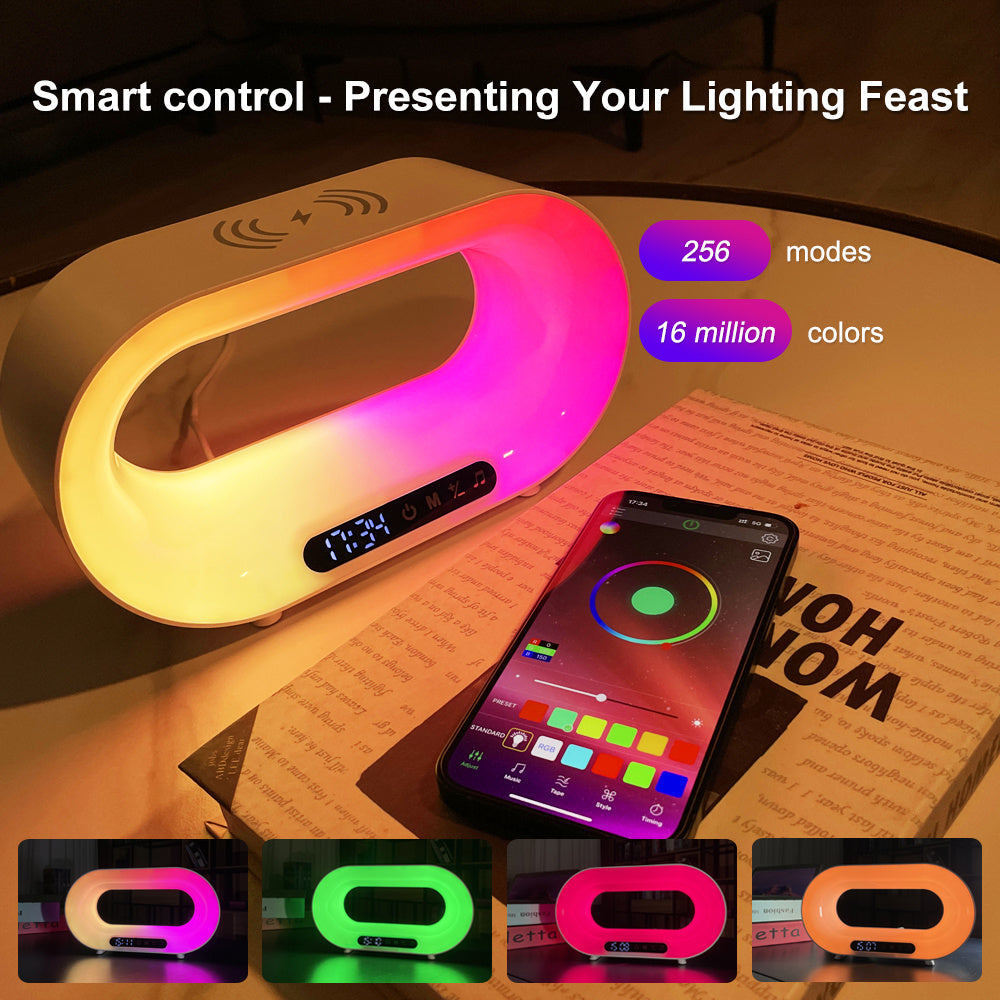 LoomTech™ Smart 3-in-1 LED Night Light – APP-Controlled RGB Desk Lamp with Wireless Charger & Alarm Clock