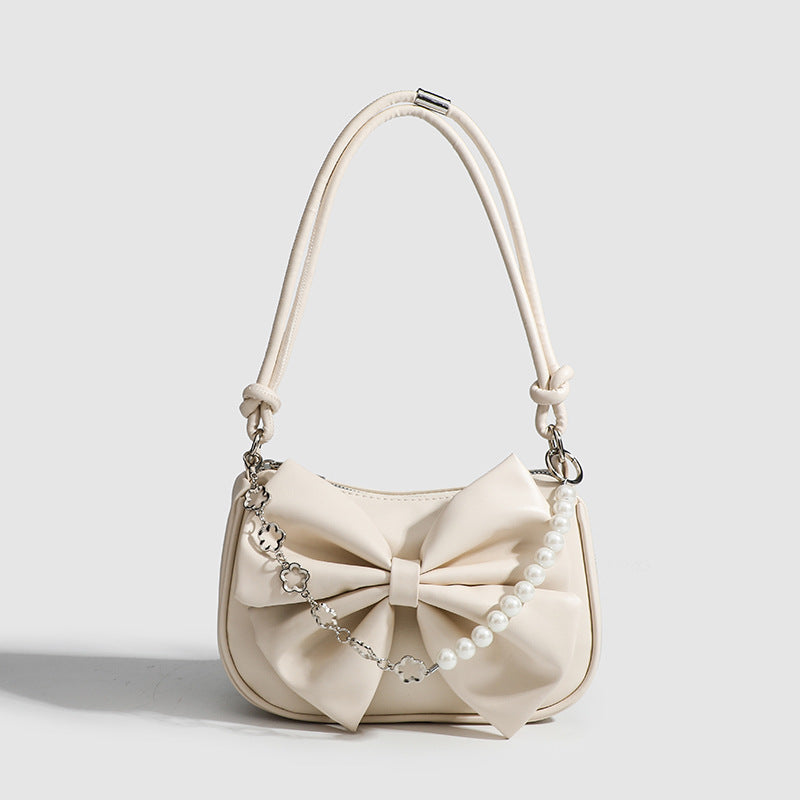 LoomTech™ Black & White Bow Handbag – Elegant PU Shoulder & Crossbody Purse with Pearl Chain