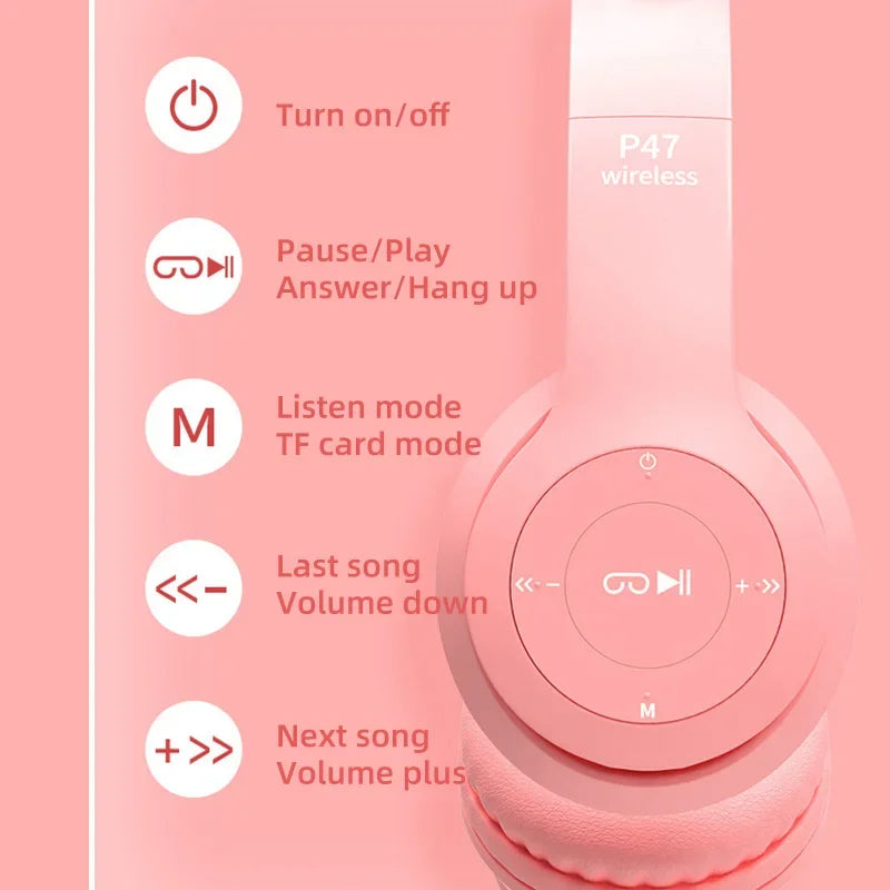 LoomTech Cat Ear Wireless Headphones – Bluetooth Over-Ear Stereo Headset with LED Lights & Deep Bass