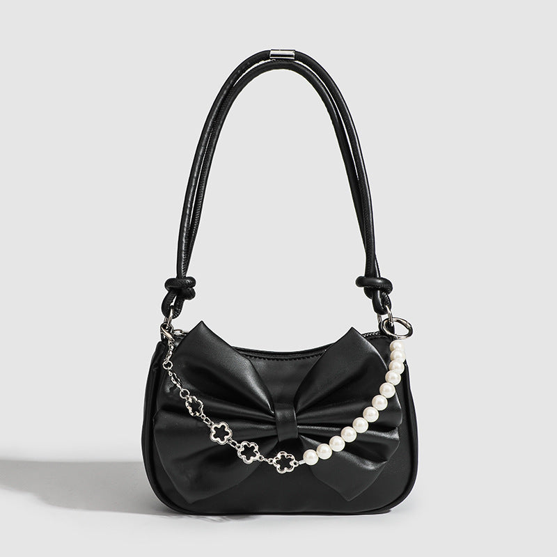 LoomTech™ Black & White Bow Handbag – Elegant PU Shoulder & Crossbody Purse with Pearl Chain