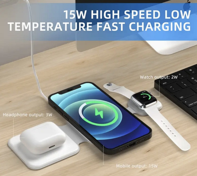 LoomTech™ 3-in-1 Magnetic Foldable Wireless Charging Station – 15W Fast Charger for iPhone, AirPods & Smartwatch (FD-308)