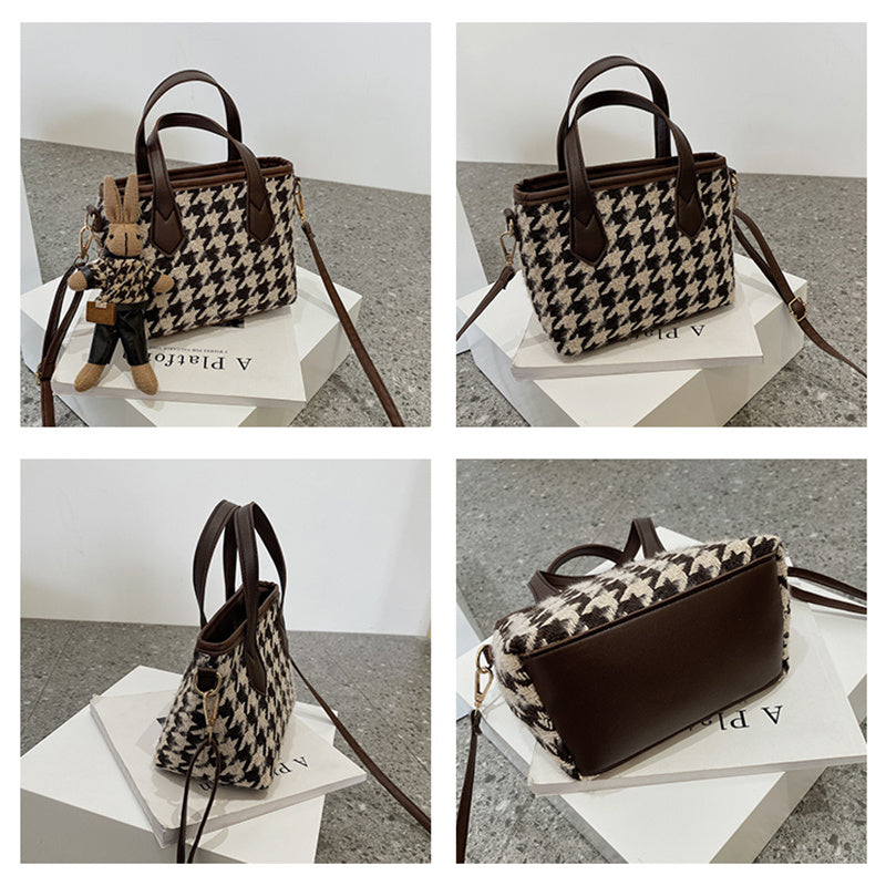 LoomTech™ Houndstooth Wool Shoulder Bag – Checkerboard Portable Tote & Messenger Handbag