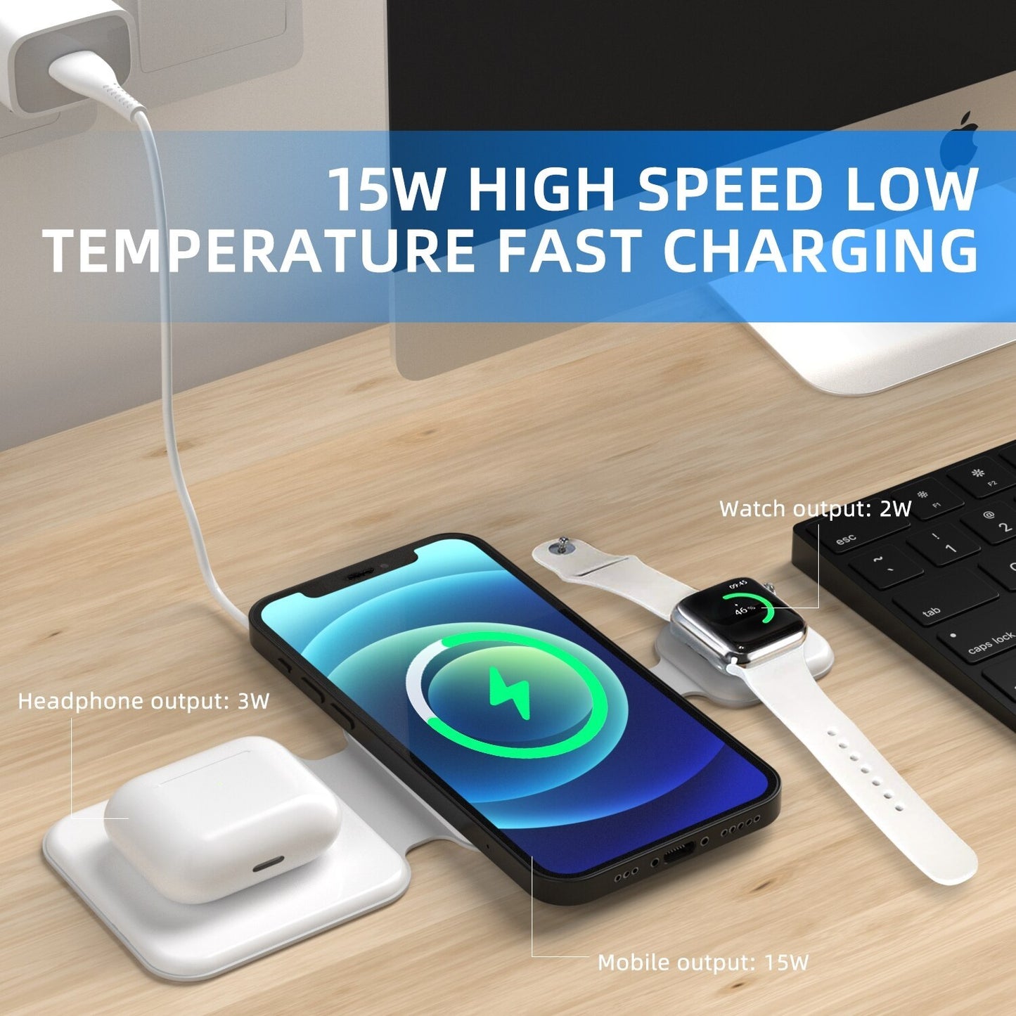 LoomTech™ 3-in-1 Magnetic Foldable Wireless Charging Station – 15W Fast Charger for iPhone, AirPods & Smartwatch (FD-308)
