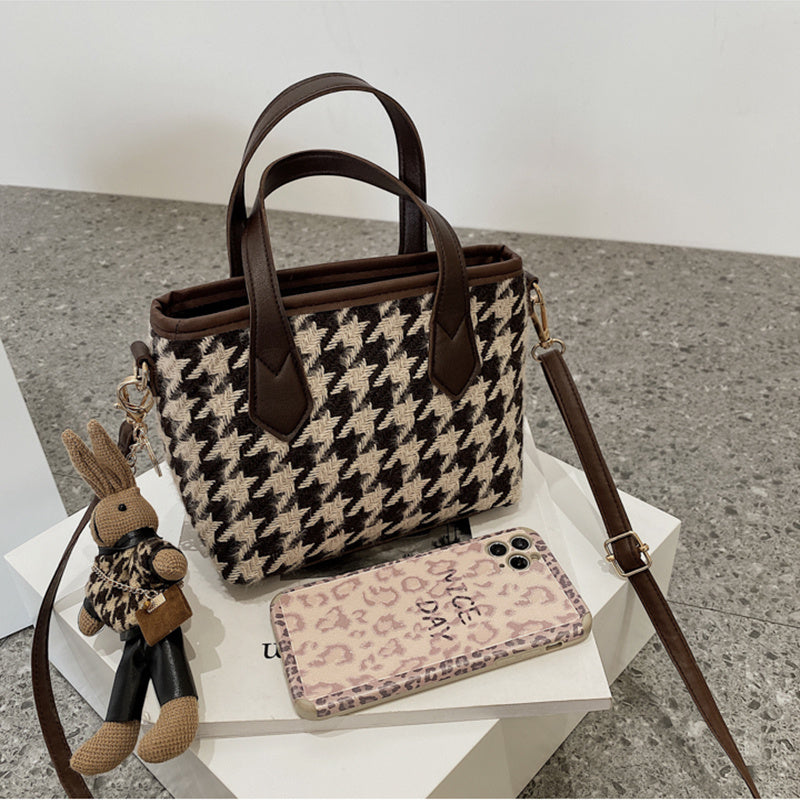LoomTech™ Houndstooth Wool Shoulder Bag – Checkerboard Portable Tote & Messenger Handbag