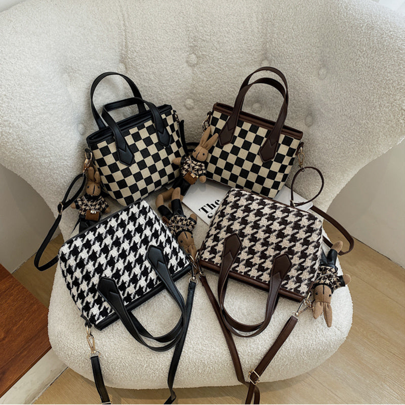 LoomTech™ Houndstooth Wool Shoulder Bag – Checkerboard Portable Tote & Messenger Handbag