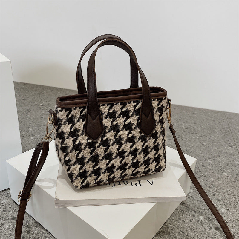 LoomTech™ Houndstooth Wool Shoulder Bag – Checkerboard Portable Tote & Messenger Handbag
