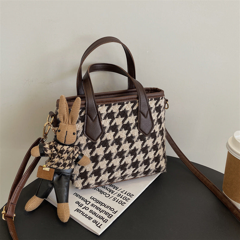 LoomTech™ Houndstooth Wool Shoulder Bag – Checkerboard Portable Tote & Messenger Handbag