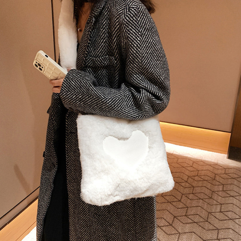 LoomTech™ Love Winter Plush Tote Bag – Large Soft Shoulder Handbag for Women