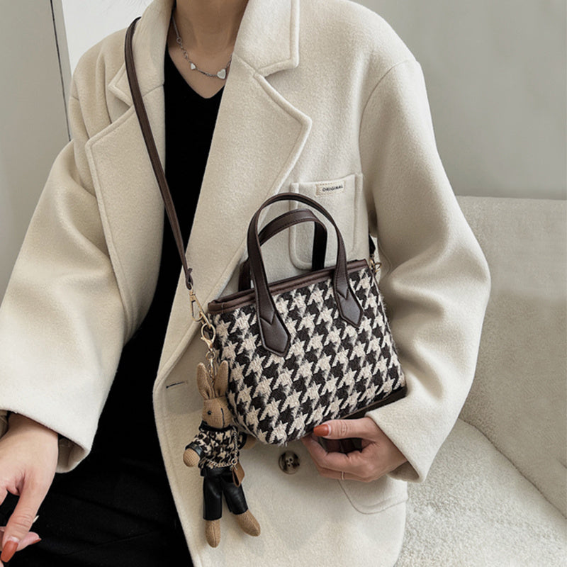 LoomTech™ Houndstooth Wool Shoulder Bag – Checkerboard Portable Tote & Messenger Handbag