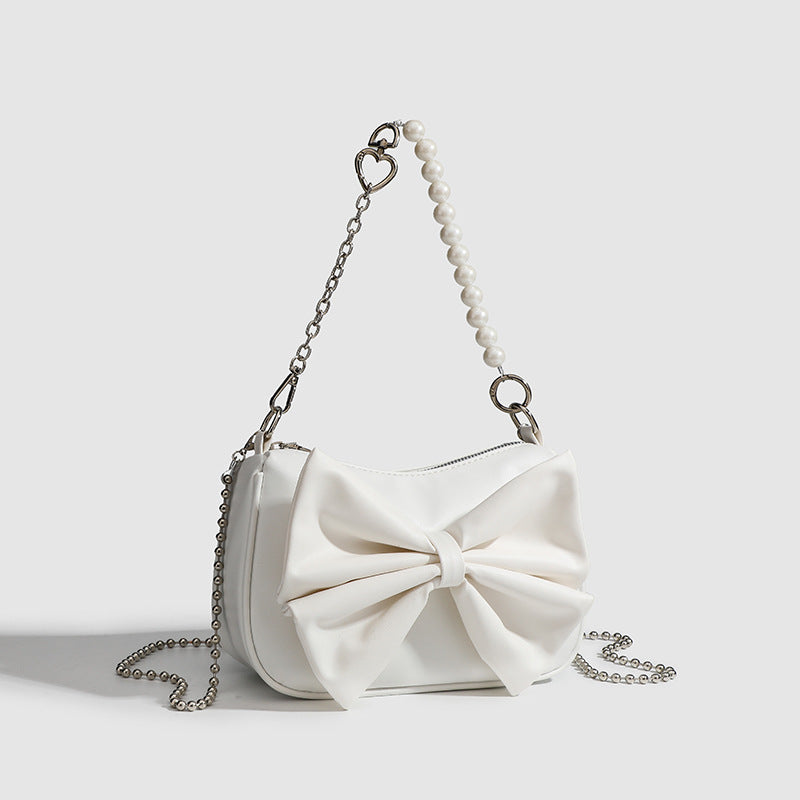 LoomTech™ Black & White Bow Handbag – Elegant PU Shoulder & Crossbody Purse with Pearl Chain