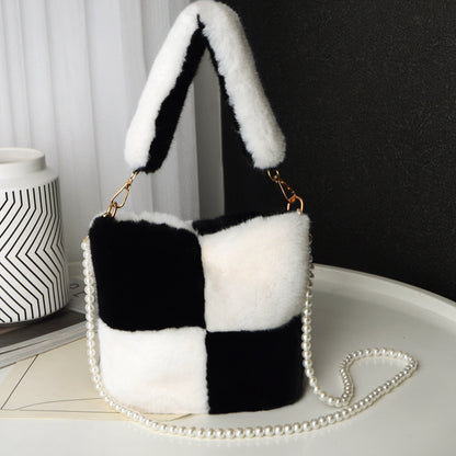 LoomTech™ Checkerboard Plush Bucket Bag – Winter Luxury Handbag with Pearl Chain Design