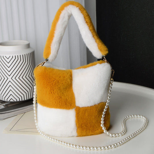 LoomTech™ Checkerboard Plush Bucket Bag – Winter Luxury Handbag with Pearl Chain Design