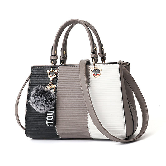 LoomTech™ Women’s Patchwork Handbag with Hairball Ornament – Elegant Tote & Crossbody Purse