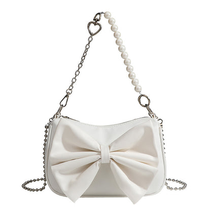 LoomTech™ Black & White Bow Handbag – Elegant PU Shoulder & Crossbody Purse with Pearl Chain