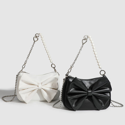 LoomTech™ Black & White Bow Handbag – Elegant PU Shoulder & Crossbody Purse with Pearl Chain