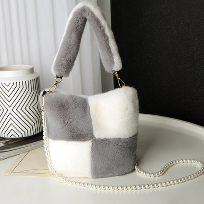 LoomTech™ Checkerboard Plush Bucket Bag – Winter Luxury Handbag with Pearl Chain Design