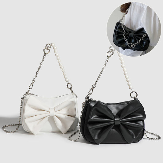 LoomTech™ Black & White Bow Handbag – Elegant PU Shoulder & Crossbody Purse with Pearl Chain