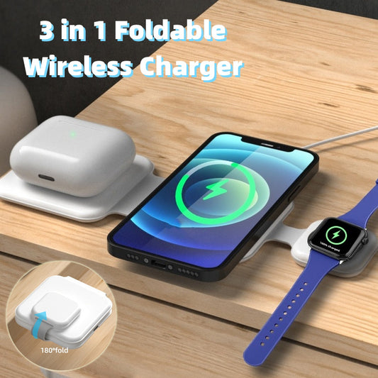 LoomTech™ 3-in-1 Magnetic Foldable Wireless Charging Station – 15W Fast Charger for iPhone, AirPods & Smartwatch (FD-308)