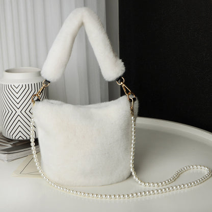 LoomTech™ Checkerboard Plush Bucket Bag – Winter Luxury Handbag with Pearl Chain Design