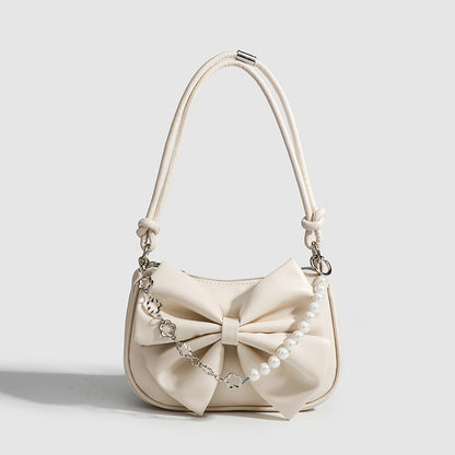 LoomTech™ Black & White Bow Handbag – Elegant PU Shoulder & Crossbody Purse with Pearl Chain