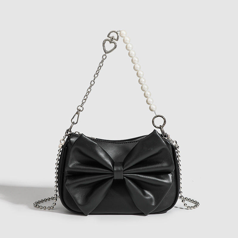 LoomTech™ Black & White Bow Handbag – Elegant PU Shoulder & Crossbody Purse with Pearl Chain