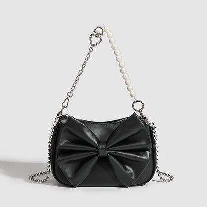 LoomTech™ Black & White Bow Handbag – Elegant PU Shoulder & Crossbody Purse with Pearl Chain