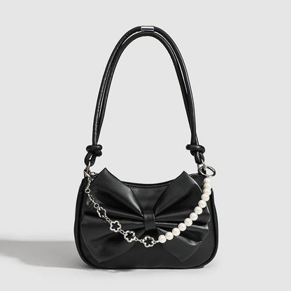 LoomTech™ Black & White Bow Handbag – Elegant PU Shoulder & Crossbody Purse with Pearl Chain