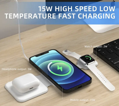 LoomTech™ 3-in-1 Magnetic Foldable Wireless Charging Station – 15W Fast Charger for iPhone, AirPods & Smartwatch (FD-308)